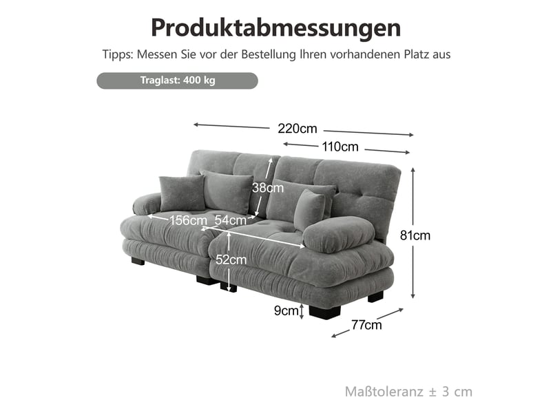  Canapé 2 places modenvie cloud en chenille gris 220 x 77 x 81 cm  - Conforama C