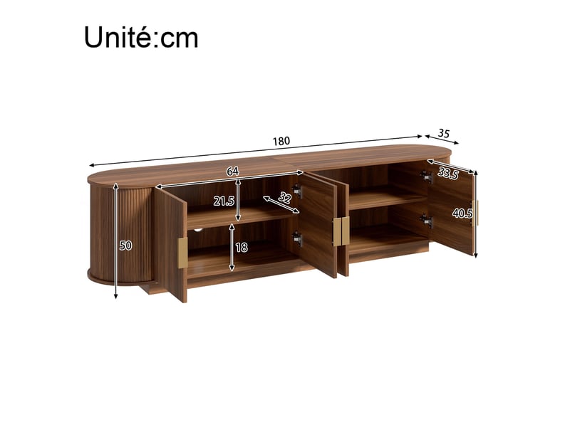  Meuble tv 180 cm façade ondulée, mdf et panneaux agglomérés,4 portes et poignées métal,noyer  - Conforama C