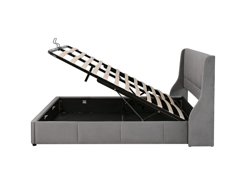  Lit rembourré, tête de lit en forme d'oreille avec coussin, lit double, lit fonctionnel hydraulique, 160 x 200, gris  - Conforama E
