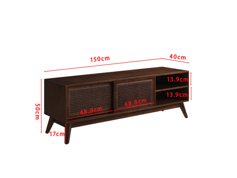 Console tv mi-siècle en rotin 59 po, pieds bois massif, portes rotin, noix foncé – pour tv 65 po  - Conforama C