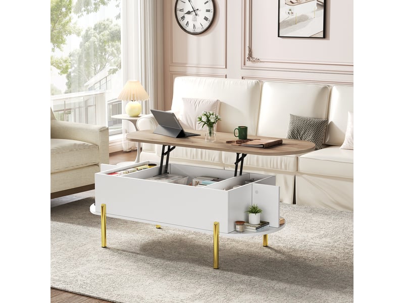  Table basse relevable 120x50 cm avec rangement caché, bois et blanc, pieds métal doré  - Conforama R