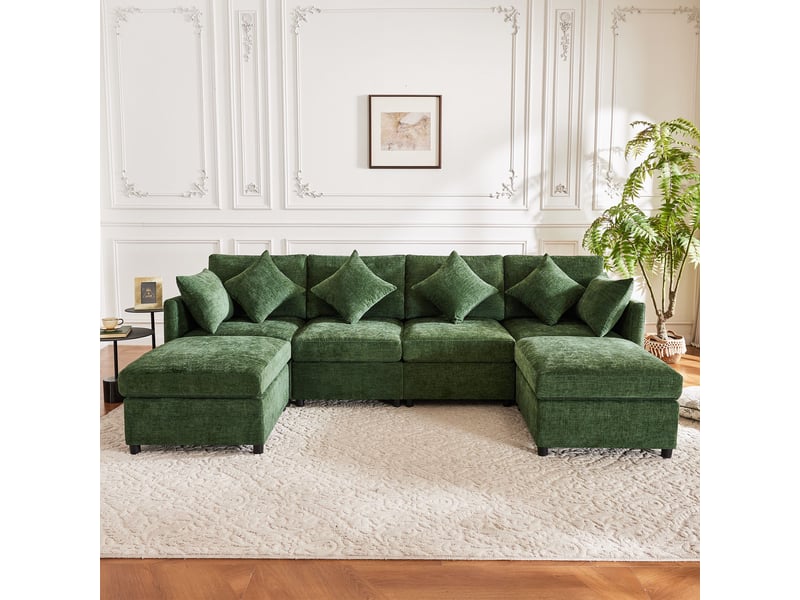  Canapé d'angle modulable 6 places 278 × 161 cm, 2 poufs et 6 coussins, chenille vert IKSETERA TRADING LTD - Conforama D
