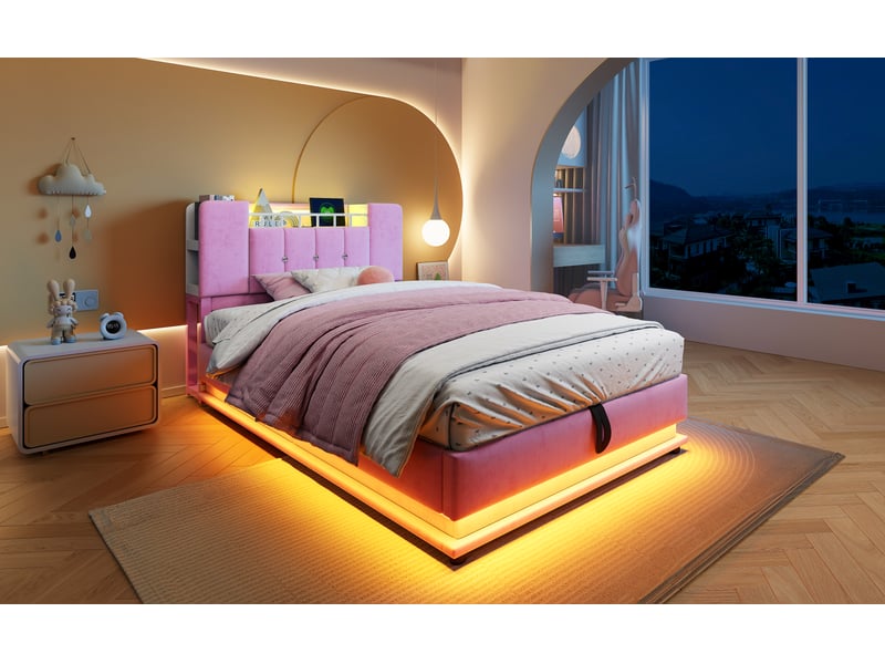  Lit enfant capitonné 90x200 cm rose velours mdf et métal avec éclairage led port usb et coffre hydraulique Sol Morn - Conforama B