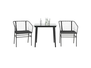 Ensemble à manger de jardin et coussins 3 pièces noir rotin verre