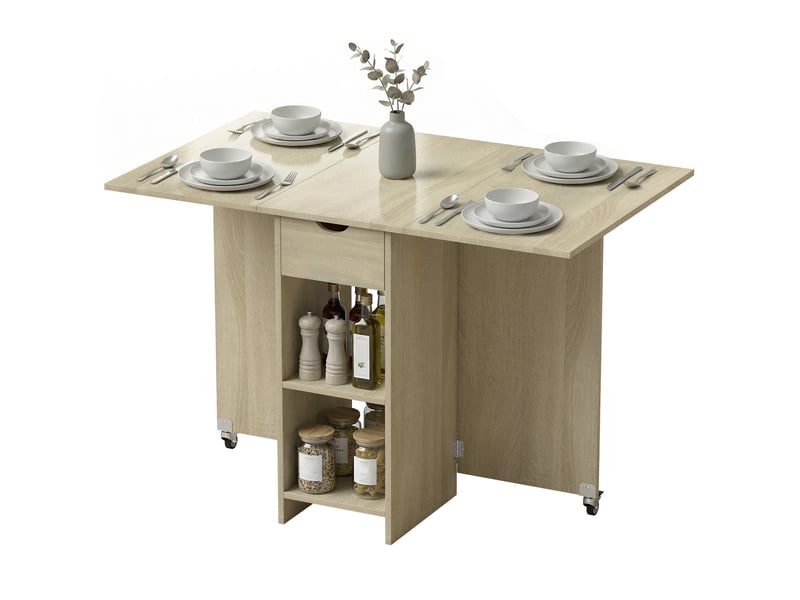  Table de salle à manger pliante pour 2 à 4 personnes, table roulante avec compartiment ouvert et tiroir, idéale pour les petits espaces, naturelle  - Conforama B