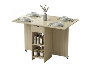 Table de salle à manger pliante pour 2 à 4 personnes, table roulante avec compartiment ouvert et tiroir, idéale pour les petits espaces, naturelle