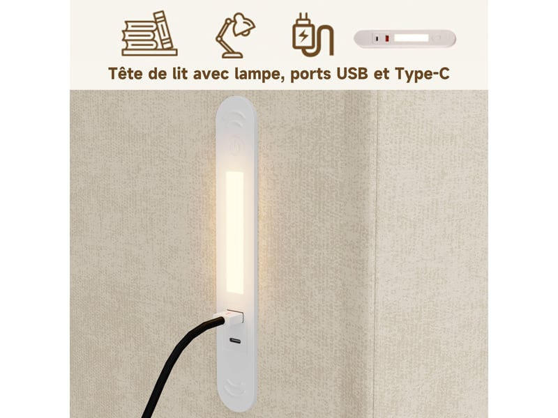  Lit de repos pour enfant, 140 x 190 cm, lit rembourré avec rangement, éclairage led et ports de charge, tissu chenille, beige  - Conforama E