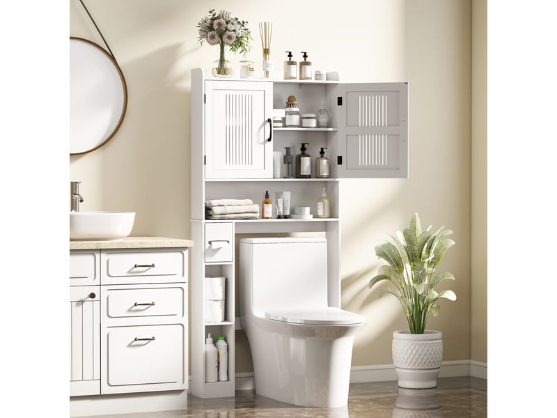  Meuble wc dessus de toilette meuble salle de bain avec porte-papier 80x19,5x170cm blanc et placard à porte double  - Conforama A