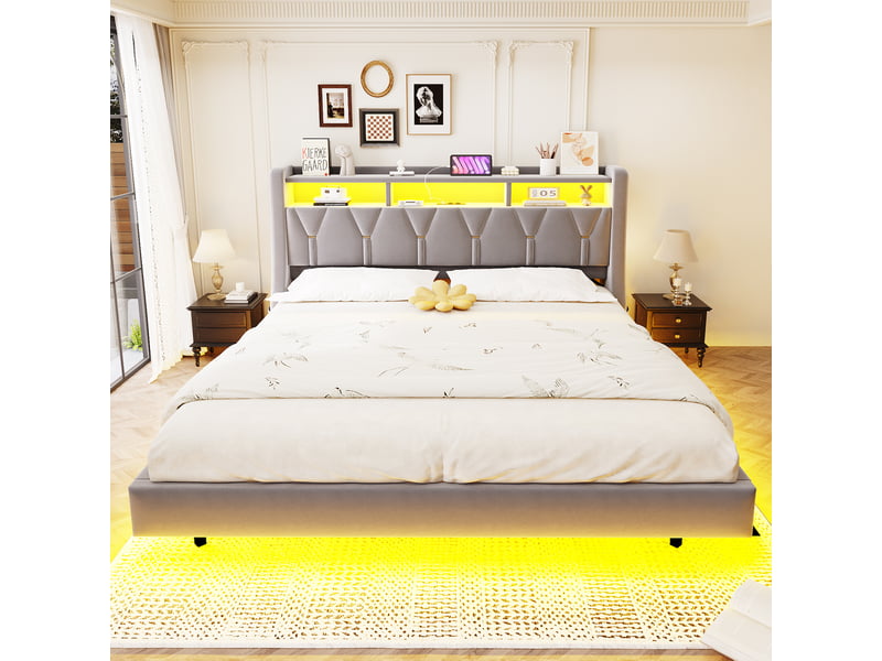 Lit plateforme 180x200 velours gris clair, tête réversible avec prises et rangements led, design suspendu, pieds élargis - Conforama E