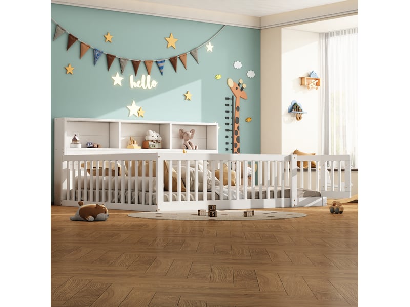  Lit enfant 140x200 cm avec rangements et barrières ouvrantes blanc  - Conforama B