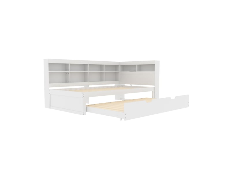 Lit banquette 90x200 cm – blanc – lit gigogne 90x190 cm, port usb et étagères de rangement - sans matelas  - Conforama E