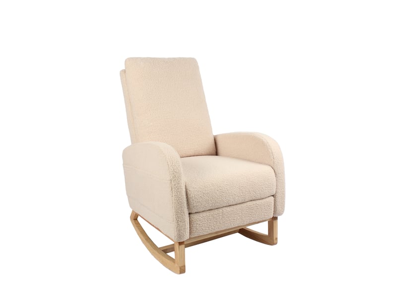  Fauteuil à bascule d'allaitement beige en tissu bouclette, dossier haut, repose-pieds  - Conforama D