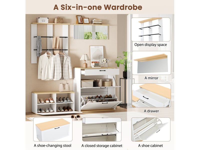  Ensemble vestiaire modulable 156x36x176 cm, meuble à chaussures, miroir, tringles, mdf, blanc et bois naturel  - Conforama E