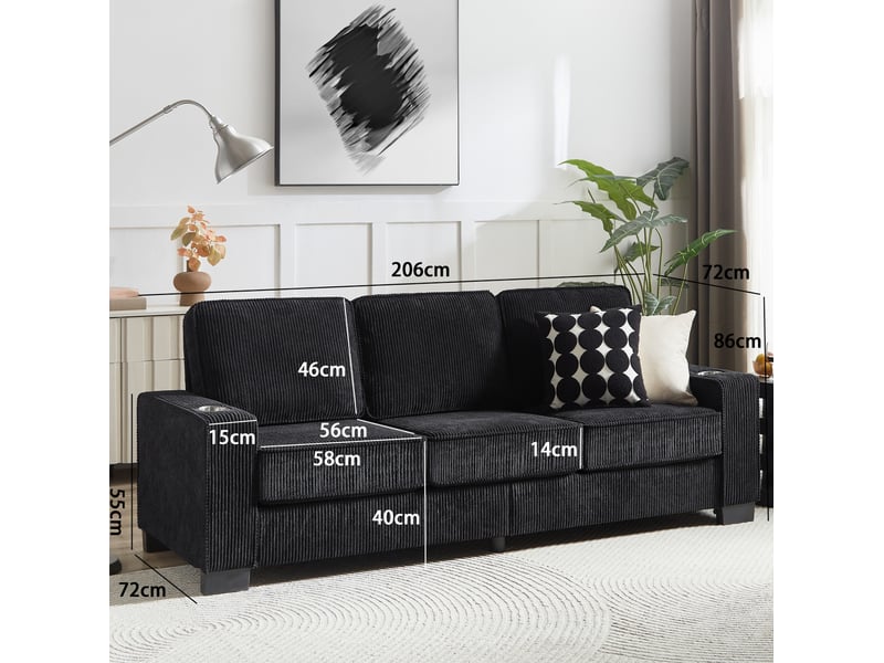  Canapé droit 3 places avec porte-gobelets intégrés et accoudoirs larges en velours côtelé noir, 206 × 72 × 86 cm  - Conforama C