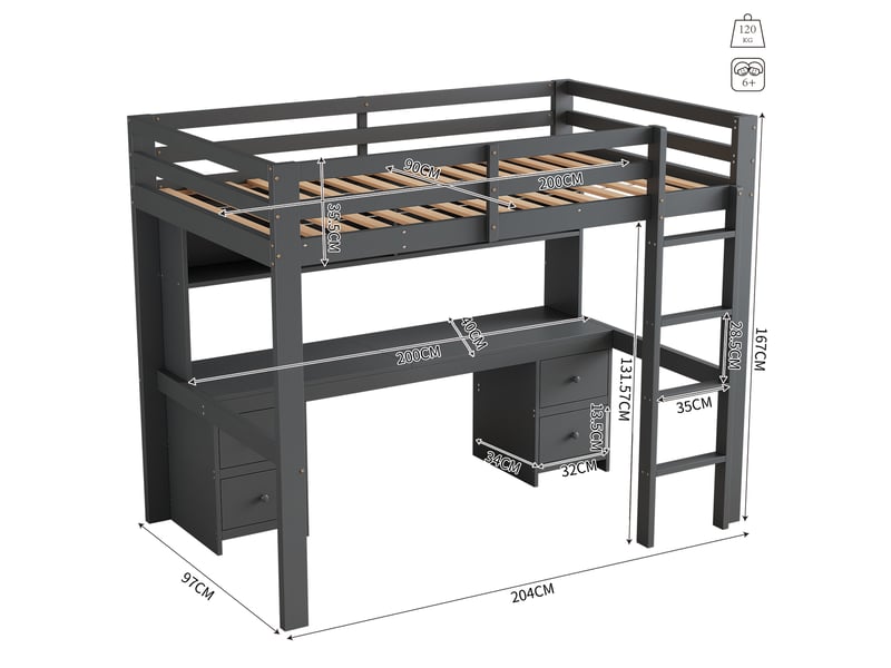 Lit mezzanine 90 × 200 cm 1 place avec bureau, 4 tiroirs et 4 étagères, sans matelas, en pin et mdf gris - Conforama D