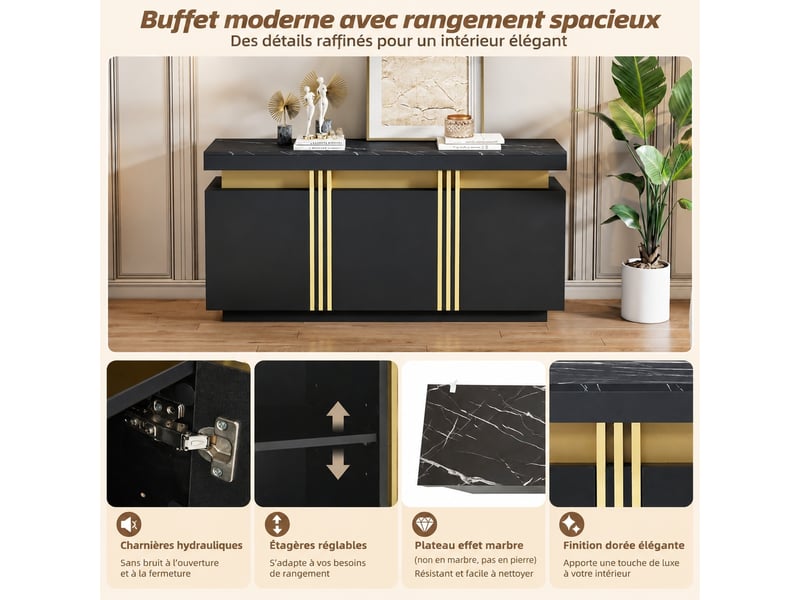  Buffet noir et or bahut 3 portes meuble de rangement 140 cm plateau effet marbre  - Conforama D