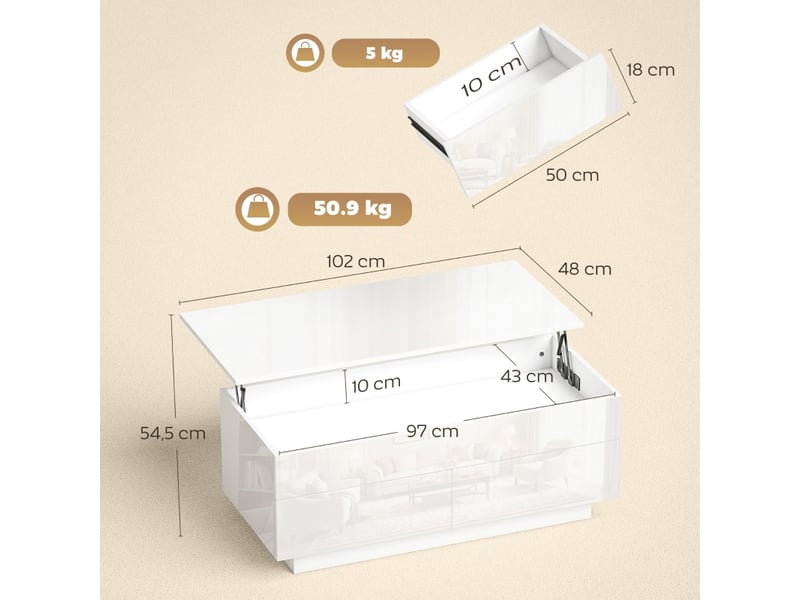  Table basse relevable avec rangement et 2 tiroirs - lpospi - plateau à vérin à gaz bois métal blanc brillant 102 × 48 × 40 cm  - Conforama D
