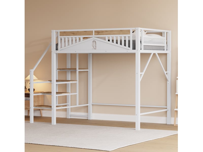 Lit mezzanine blanc 140 x 200 cm en métal avec échelle sécurisée et espace sous le lit - Conforama B