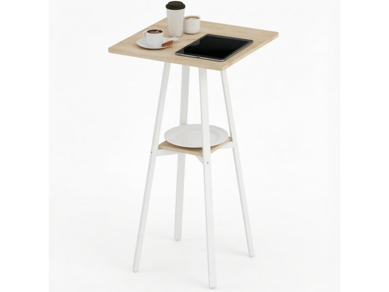 Table haute carrée 55 x 55 cm en bois clair et métal blanc, avec étagère basse pour 2 personnes à la maison - Conforama A