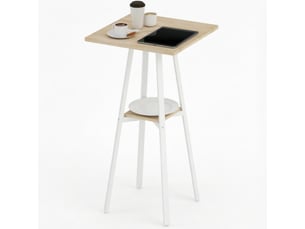 Table haute carrée 55 x 55 cm en bois clair et métal blanc, avec étagère basse pour 2 personnes à la maison