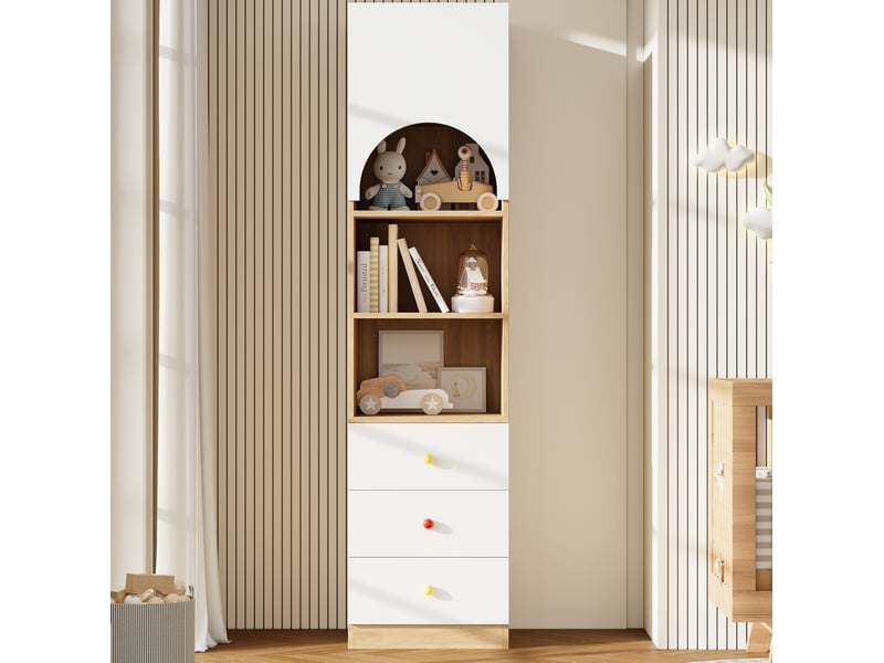  Bibliothèque haute 50x50x200 cm 3 tiroirs 3 niches porte cintrée, poignées en céramique, mdf blanc et aspect bois  - Conforama B