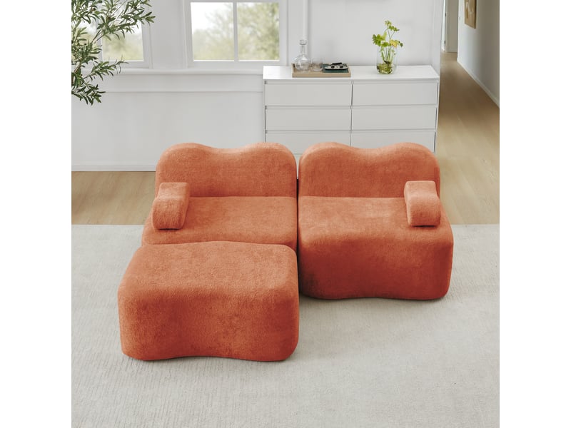  Canapé d'angle modulaire 2 places sans armature avec ottoman et coussin d’accoudoir en velours orange  - Conforama B