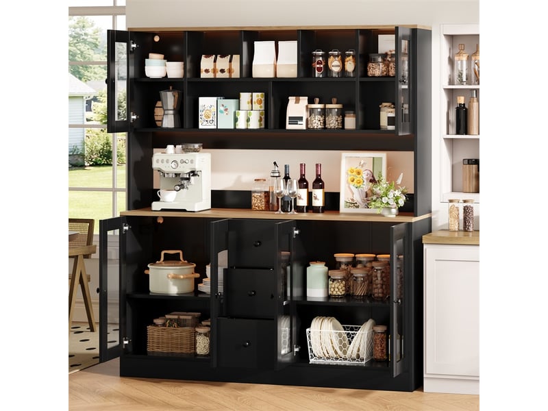 Buffet 150 x 40 x 173 cm - armoire de cuisine haute avec portes vitrées, 3 tiroirs, led et prises - noir - Conforama D