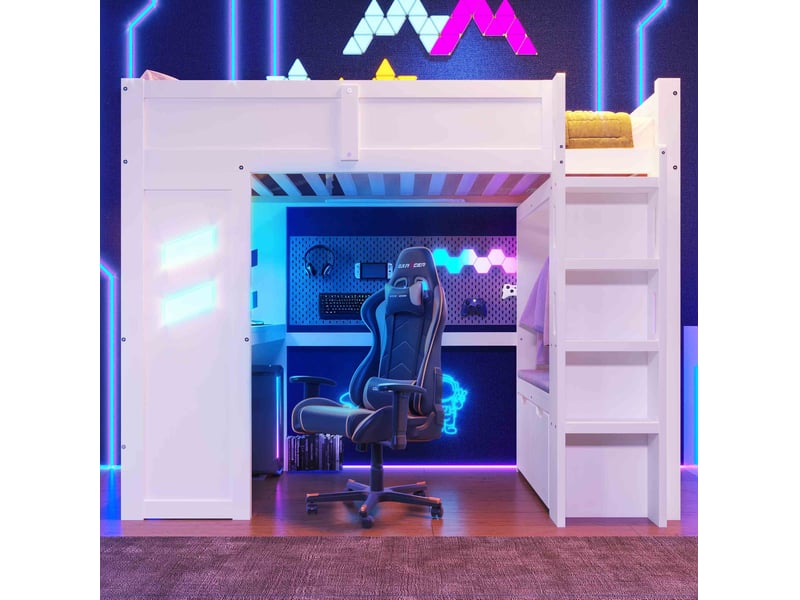  Lit mezzanine 90x200 cm avec bureau, led, échelle, tiroir, port usb-c, étendoir, bois et mdf blanc, sans matelas  - Conforama D