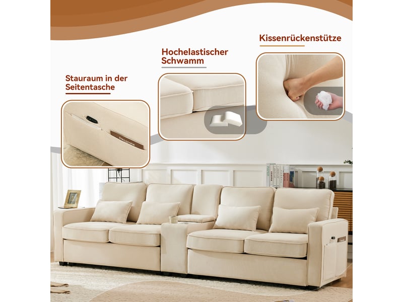 Canapé 4 places en tissu effet lin, avec console, 2 porte-gobelets, 2 ports usb, 4 coussins, 290×83×88 cm - Conforama R