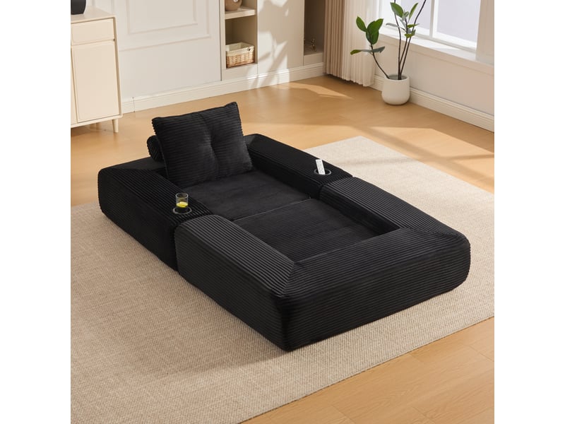  Canapé convertible 2 places en velours côtelé noir avec porte-gobelet et poches latérales  - Conforama B