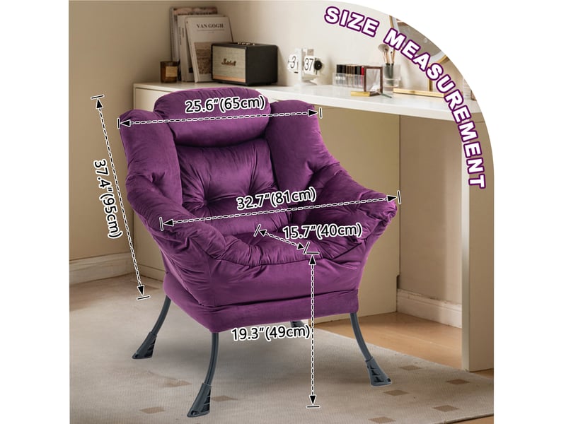  Fauteuil de relaxation violet avec structure métal et poche latérale, 75 × 80 × 85 cm, pour lire et se reposer  - Conforama C