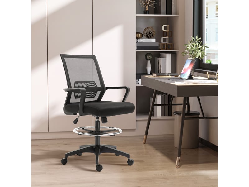  Chaise de bureau réglable en hauteur avec repose-pieds, dossier en maille, roulettes, plastique, noire  - Conforama D