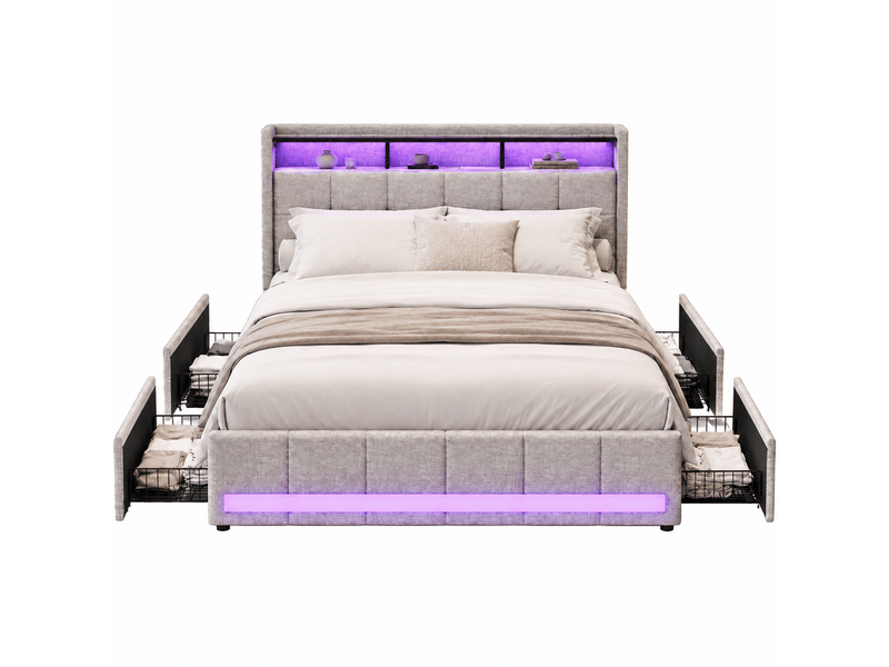 Lit 2 personnes 140x190 avec led, lit double rembourré avec 4 tiroirs de rangement cadre de lit capitonné avec usb et tête de lit pour adultes et adolescents lin beige, sans matelas - Conforama A