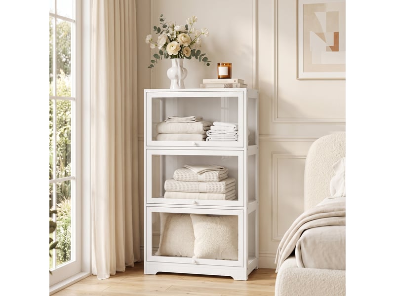  Vitrine à trois niveaux en acrylique pour figurines, avec portes à charnières, 59 x 30 x 106 cm, blanche  - Conforama D