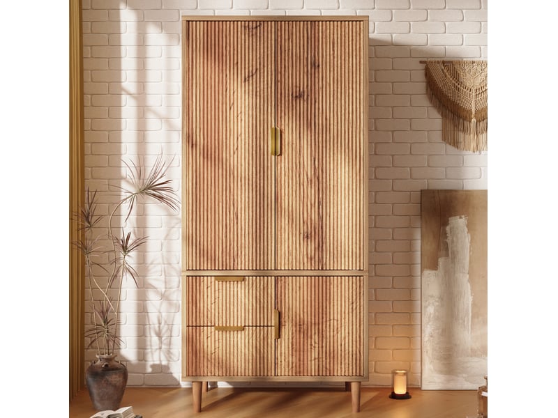 Armoire 80x50x177 cm 3 portes 2 tiroirs mdf et panneau de particules couleur chêne - Conforama B
