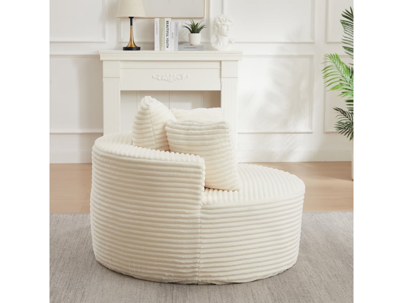  Fauteuil lounge rond 1 place en velours côtelé, ø 110 cm, beige, avec 3 coussins  - Conforama D