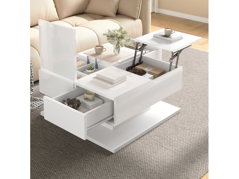  Table basse carré relevable 72x72x35 cm avec rangements finition brillant couleur blanc  - Conforama D