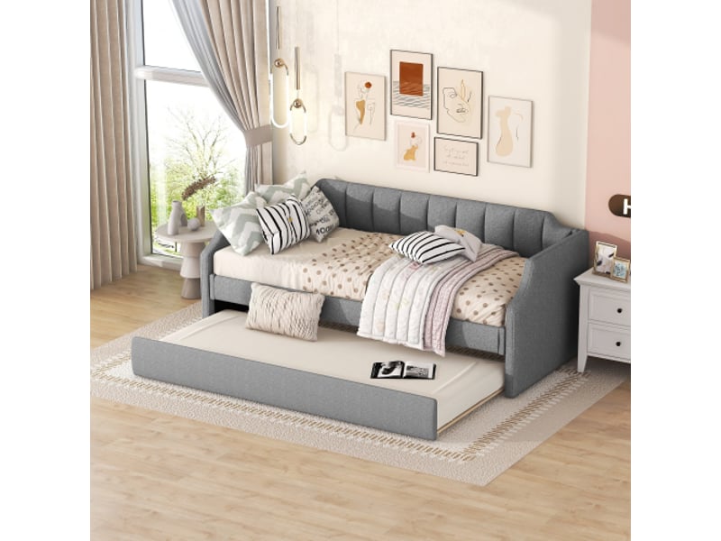 Lit gigogne 90x200 cm, lit enfant avec dossiers et accoudoirs, tissu en lin, gris, sans matelas  - Conforama B