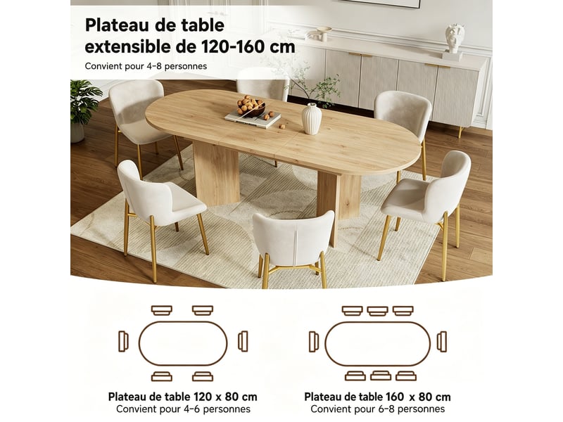  Table à manger extensible 120–160 x 80 x 75,5 cm, avec bords arrondis, plateau épais, pour 4 à 6 personnes, chêne  - Conforama E