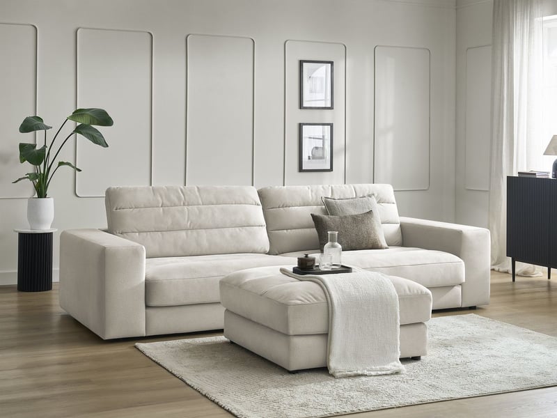  Bobochic canapé droit fixe 3 places sierra velours avec pouf beige SIERRA - Conforama B