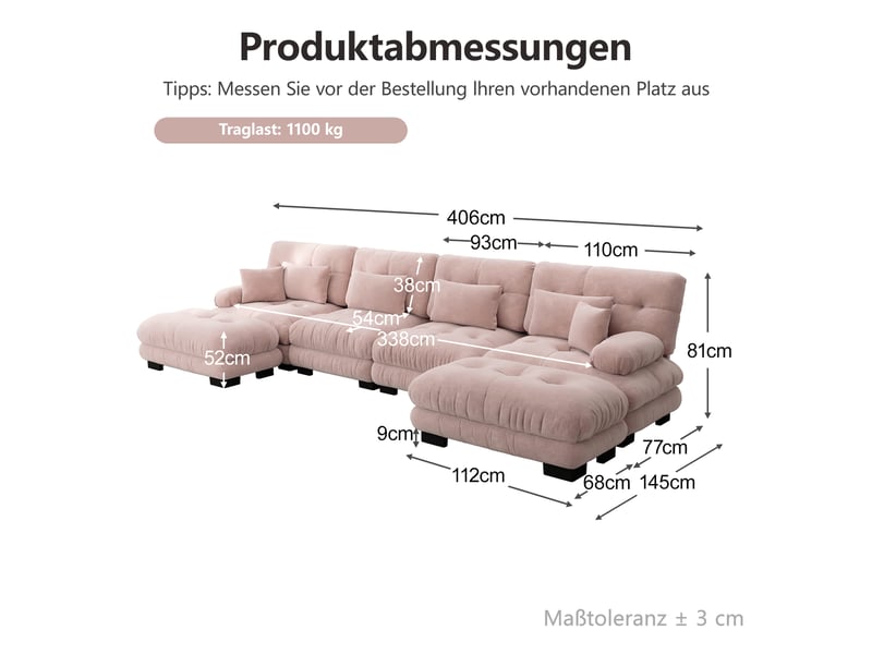 Canapé 4 places d’angle panoramique en tissu rose, largeur 406 cm, assise profonde W3325S00058 - Conforama E