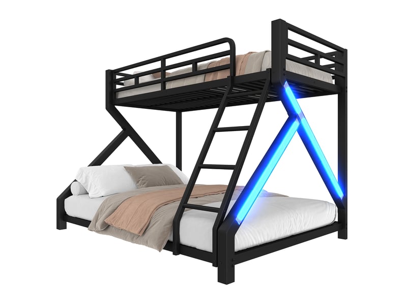  Lit superposé 90 × 200 cm et 140 × 200 cm avec led, sécurité, échelle, sans matelas, métal noir  - Conforama A