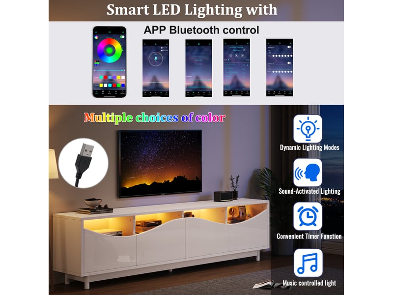  Meuble tv blanc laqué courbé 175x38x51 cm, porte en verre trempé, éclairage led pilotable via appli, mdf, sans poignée  - Conforama E