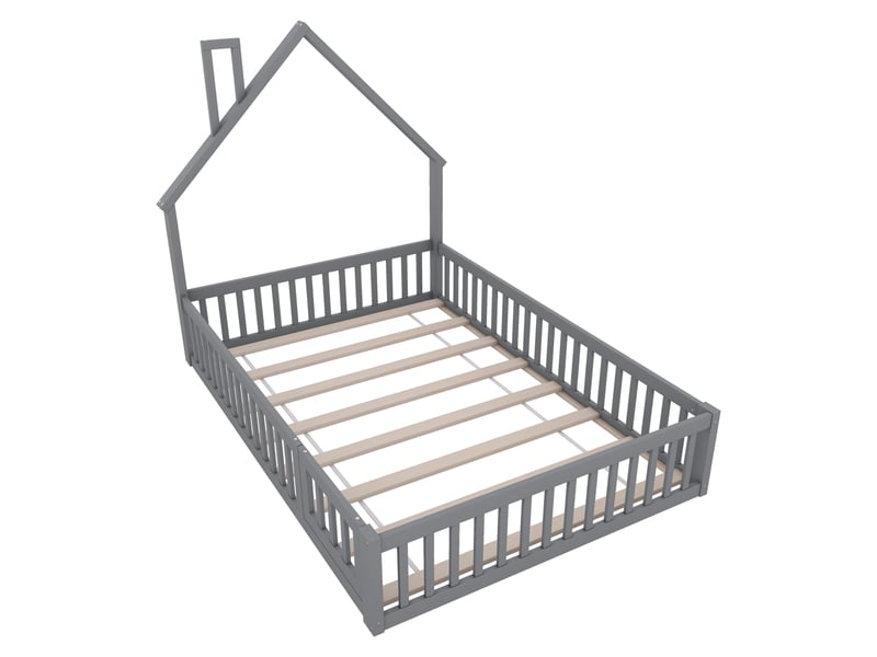Lit enfant 140x200 gris, lit cabane avec cheminée et barrières, cadre en bois de pin, sommier inclus, style minimaliste. - Conforama A
