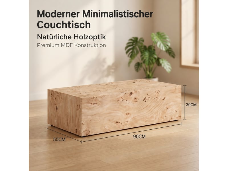  Table basse ulevr rectangulaire minimaliste 90 x 50 x 30 cm, mdf aspect bois clair, surface lisse facile d'entretien  - Conforama C