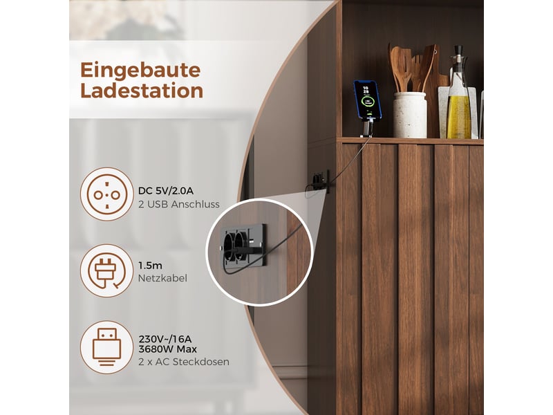  Buffet de cuisine 105x40x180 cm avec rangement, éclairage led rgb et prises intégrées, meuble de cuisine avec portes et étagères ouvertes en mdf - noyer OMNIGLINT TRADING LTD - Conforama E