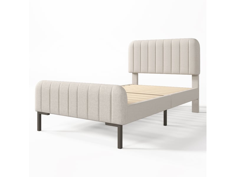 Lit simple 90x190 cm avec sommier et tête de lit réglable, lin gris beige clair, sans matelas - Conforama R