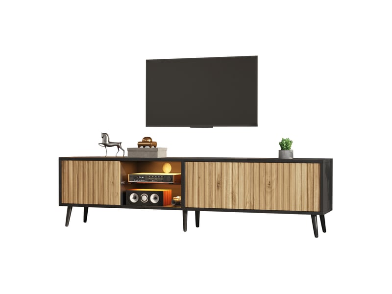 Meuble tv tcqpz led 175 x 31 x 43,5 cm pour tv jusqu'à 75 pouces, bois naturel et noir  - Conforama A