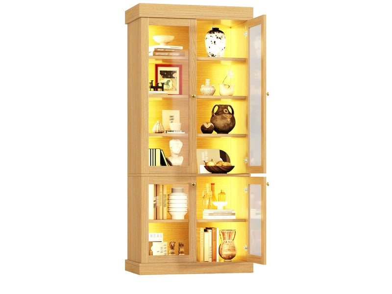 Vitrine avec 2 portes vitrées, étagères réglables et éclairage led pour salon en mdf bois naturel 80 × 40 × 180 cm  - Conforama A