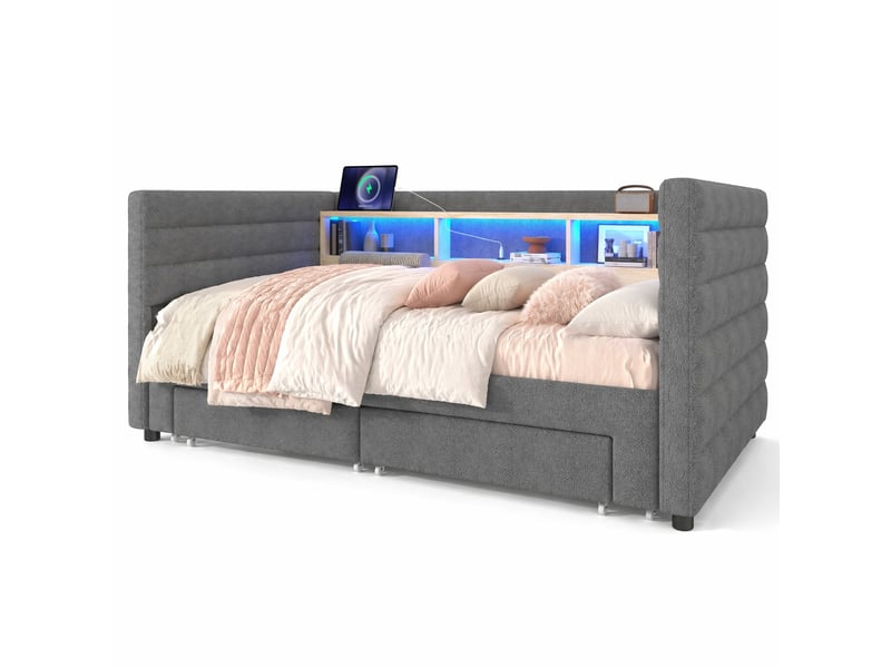  Lit banquette convertible extensible avec tiroirs, rangements, éclairage et ports usb, en velours gris, 90 x 190 cm  - Conforama A